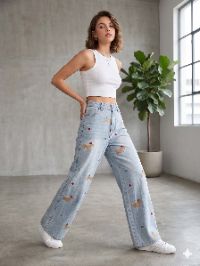 High-Rise Light Wash Wide-Leg Jeans with Novelty Embroidery High-Rise Light Wash Wide-Leg Jeans with Novelty Embroidery