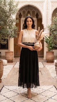 The Celeste Monochrome Smocked Pleated Dress The Celeste Monochrome Smocked Pleated Dress