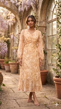 The Aurelia Ruched Watercolor Midi Dress The Aurelia Ruched Watercolor Midi Dress